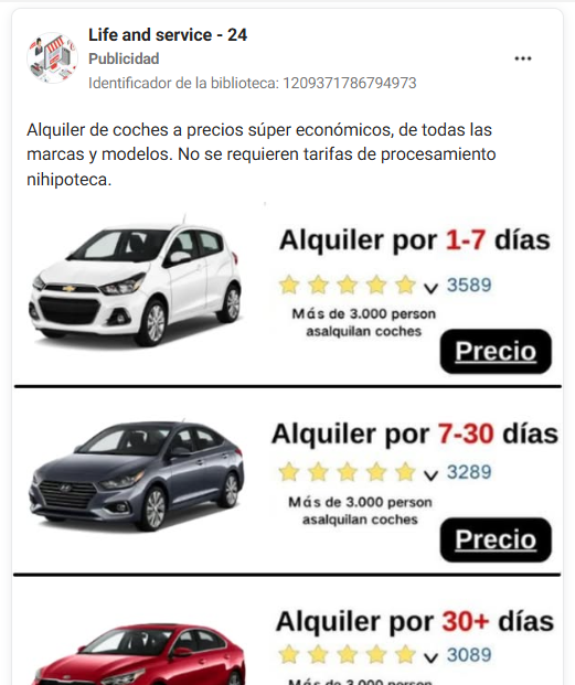 Social Ads de Facebook de alquiler de coches 