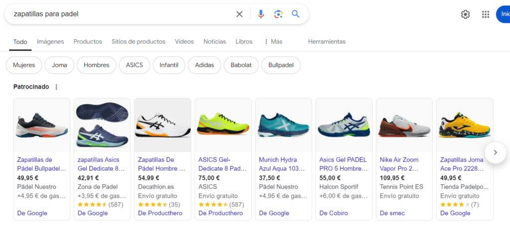 busqueda de zapatillas de padel en google para ecommerce 