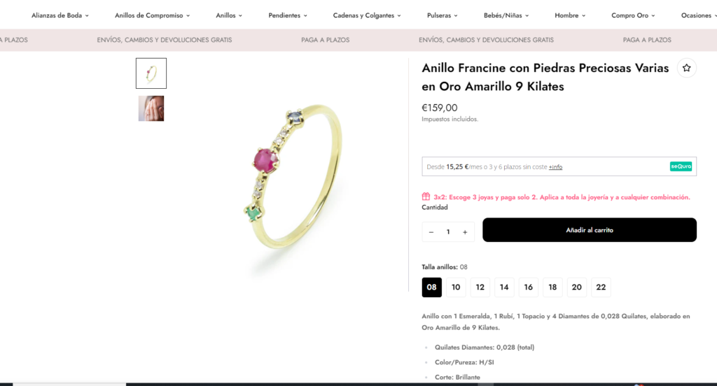 Anillo ecommerce de joyería fina y diamantes