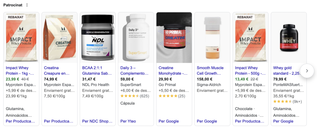 Google Ads para ecommerce de suplementos deportivos