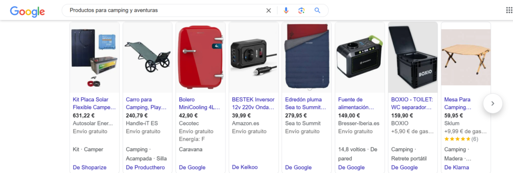 Google ADS de Ecommerce de Productos para Camping y Aventuras