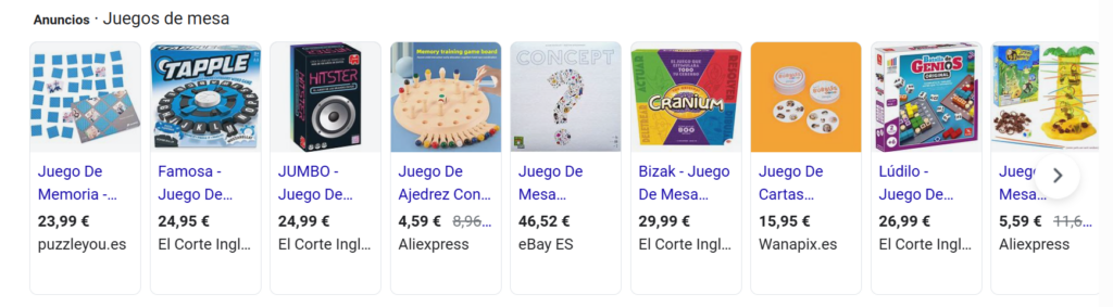 Los anuncios que aparecen patrocinados (Google Ads) de juegos de mesa.
